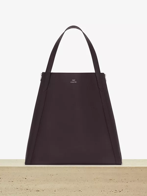 Oxblood Calfskin & Grey Wool Tote Bag