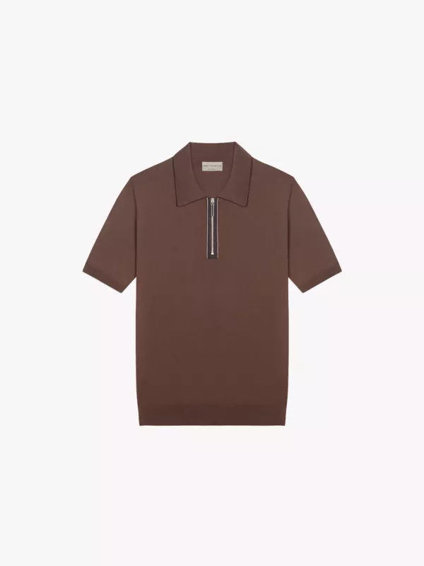 DARK BROWN SUPERFINE COTTON GAUGE 18 ZIP POLO KNITWEAR