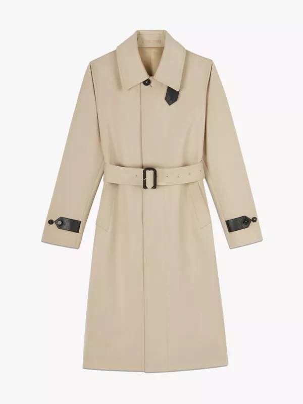 BEIGE WOOL BELTED TRENCH COAT WITH LEATHER DETAILS